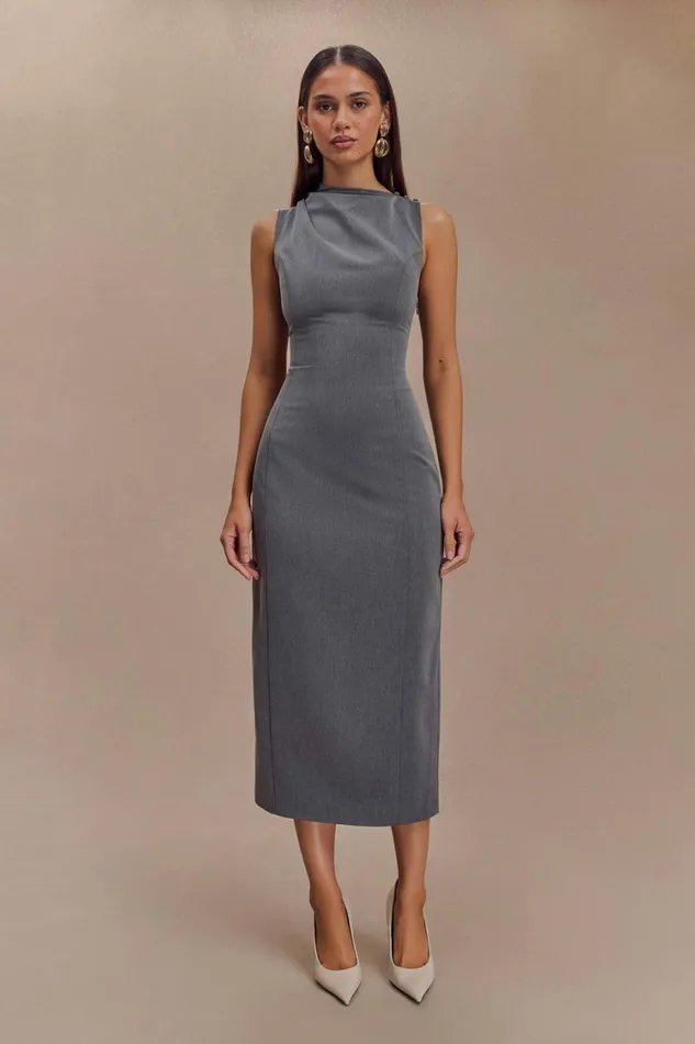 Women Meshki Dresses Taylor Draped Crepe Midi Dress 8211 Charcoal Marle