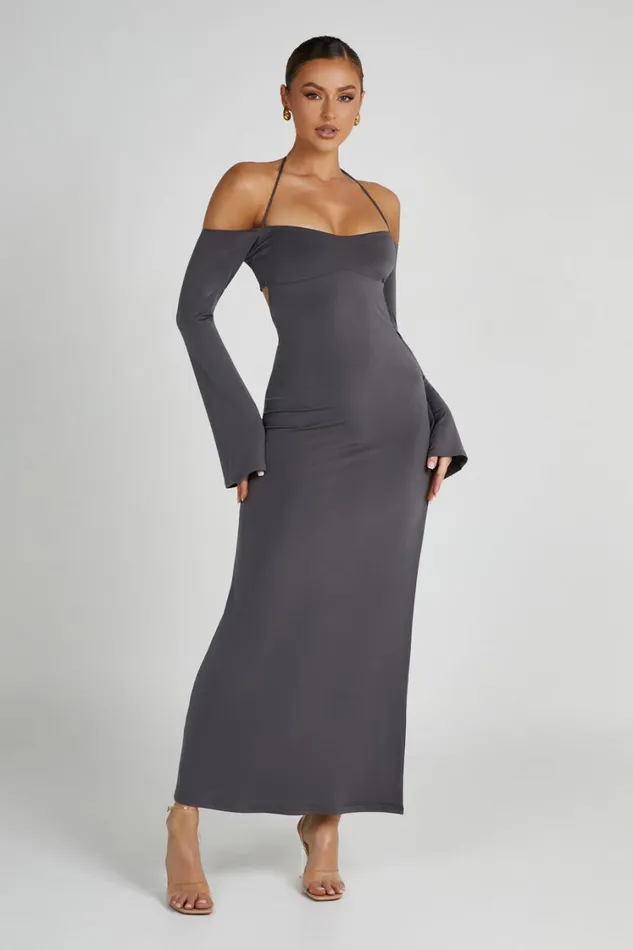 Women Meshki Dresses Tia Slinky Off Shoulder Maxi Dress 8211 Charcoal