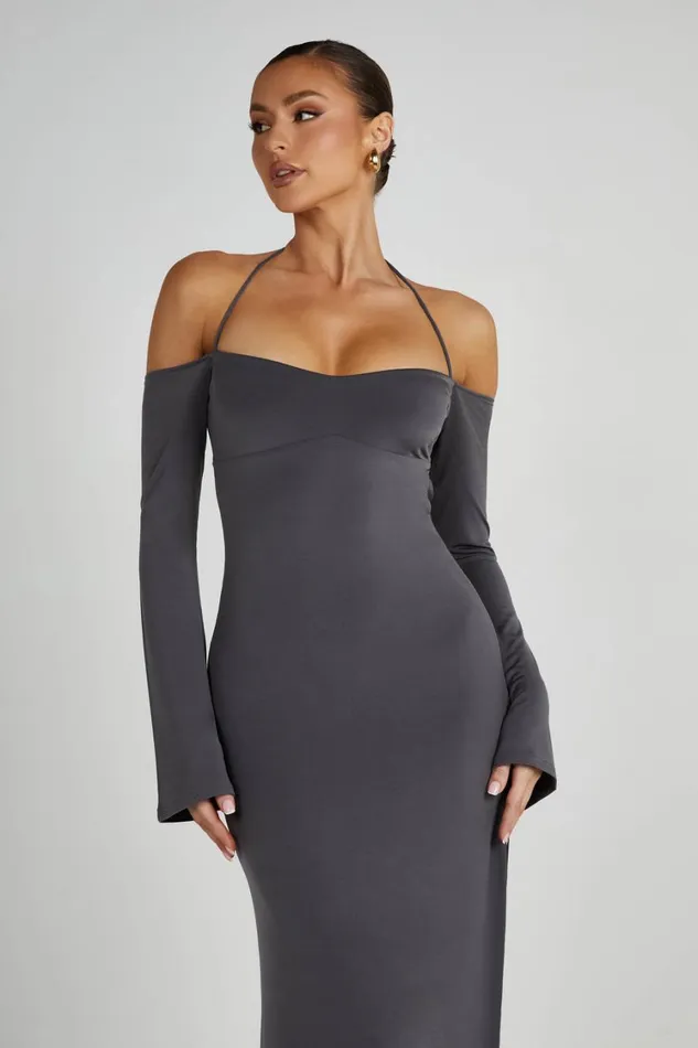 Women Meshki Dresses Tia Slinky Off Shoulder Maxi Dress 8211 Charcoal