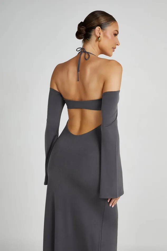 Women Meshki Dresses Tia Slinky Off Shoulder Maxi Dress 8211 Charcoal