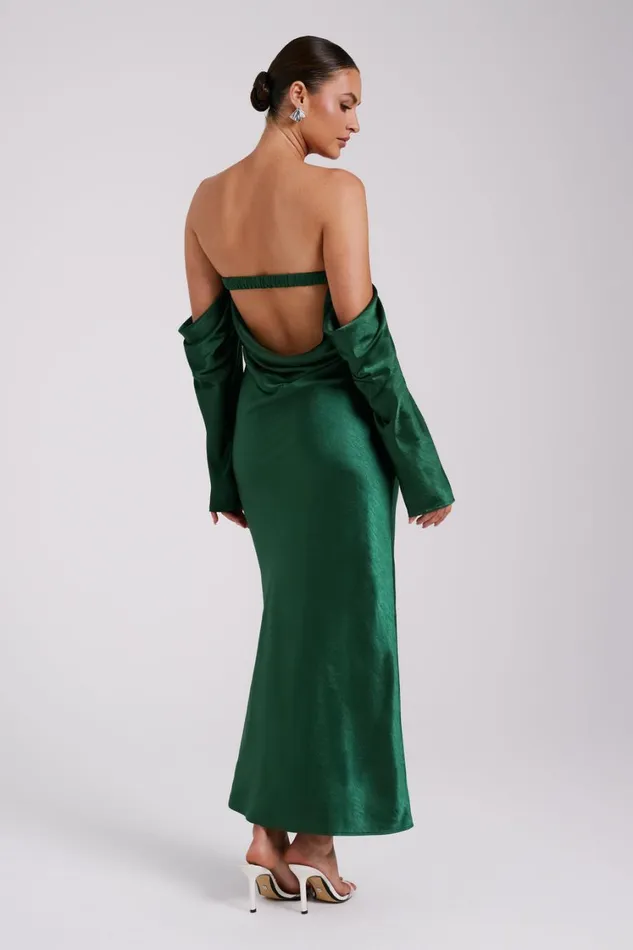Women Meshki Dresses Vee Off Shoulder Satin Midi Dress 8211 Emerald