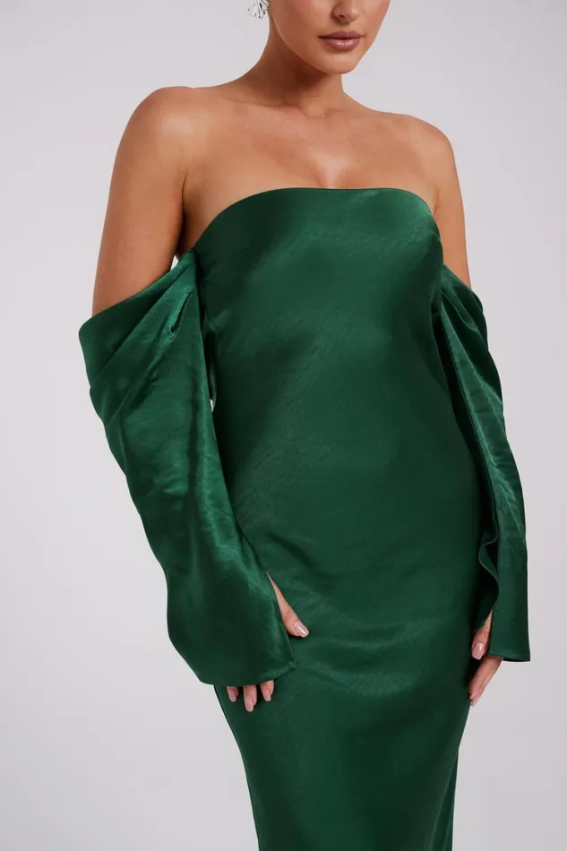 Women Meshki Dresses Vee Off Shoulder Satin Midi Dress 8211 Emerald