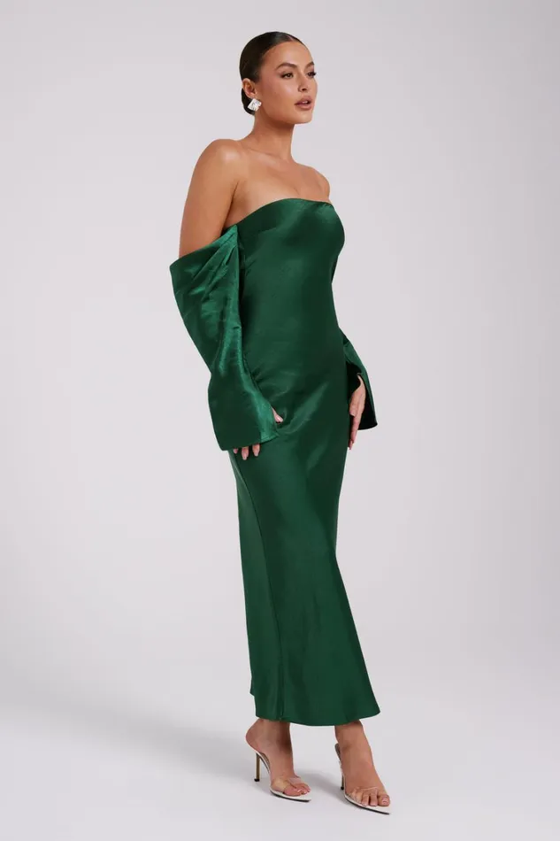 Women Meshki Dresses Vee Off Shoulder Satin Midi Dress 8211 Emerald