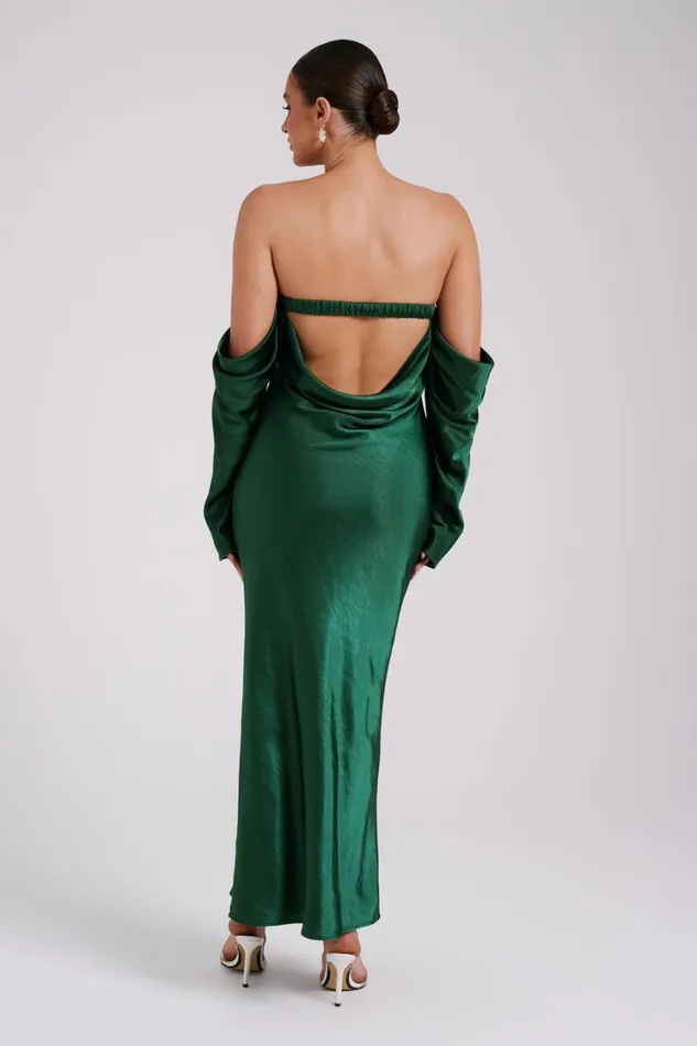 Women Meshki Dresses Vee Off Shoulder Satin Midi Dress 8211 Emerald