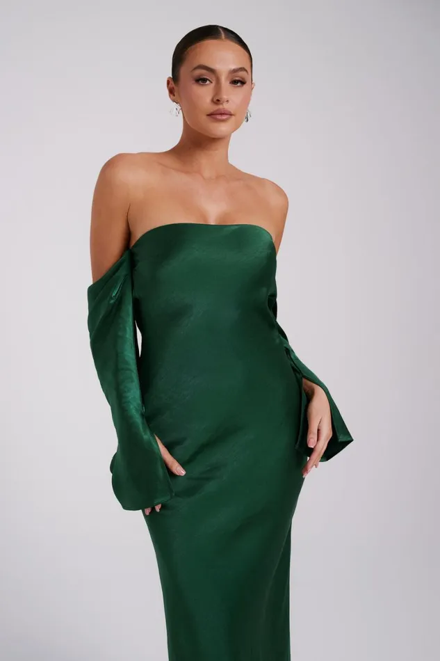 Women Meshki Dresses Vee Off Shoulder Satin Midi Dress 8211 Emerald
