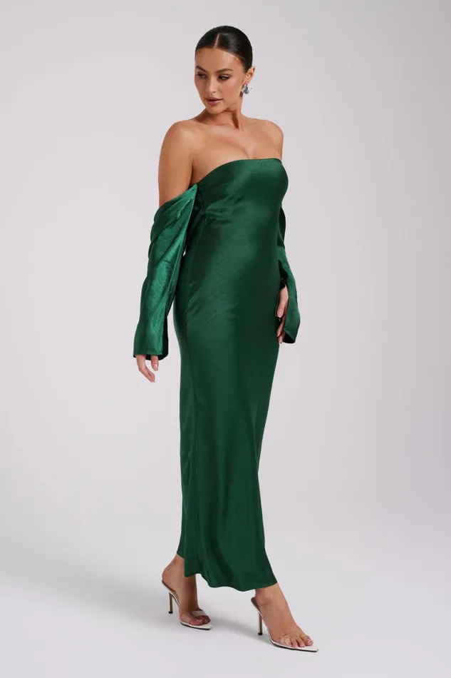 Women Meshki Dresses Vee Off Shoulder Satin Midi Dress 8211 Emerald