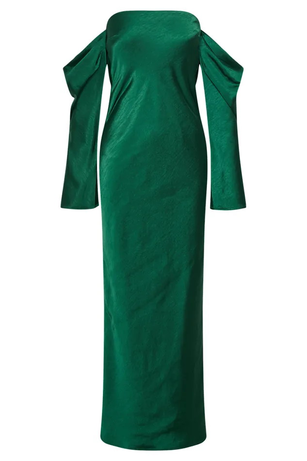 Women Meshki Dresses Vee Off Shoulder Satin Midi Dress 8211 Emerald