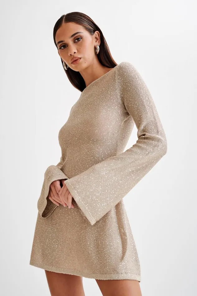 Women Meshki Dresses Zahra Open Back Mini Sequin Knit Dress 8211 Taupe
