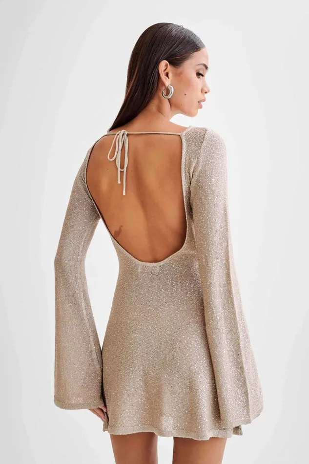 Women Meshki Dresses Zahra Open Back Mini Sequin Knit Dress 8211 Taupe
