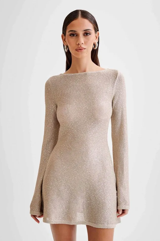 Women Meshki Dresses Zahra Open Back Mini Sequin Knit Dress 8211 Taupe