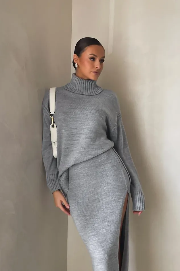 Women Meshki Outerwear Brittany High Neck Knit Jumper 8211 Grey Marle