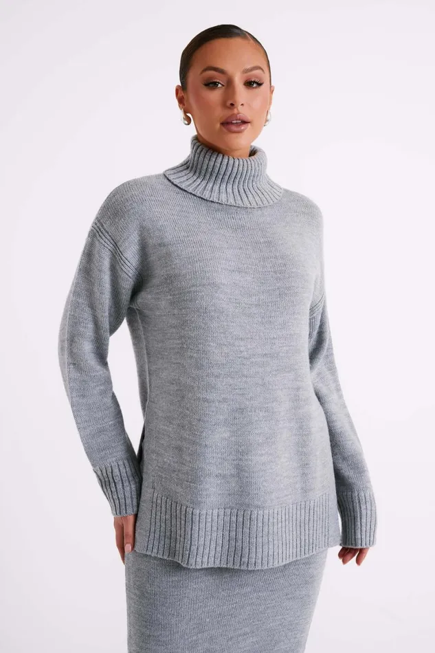 Women Meshki Outerwear Brittany High Neck Knit Jumper 8211 Grey Marle