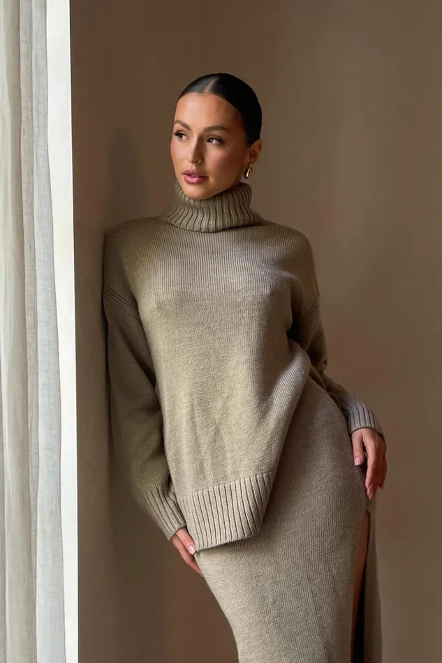 Women Meshki Outerwear Brittany High Neck Knit Jumper 8211 Taupe