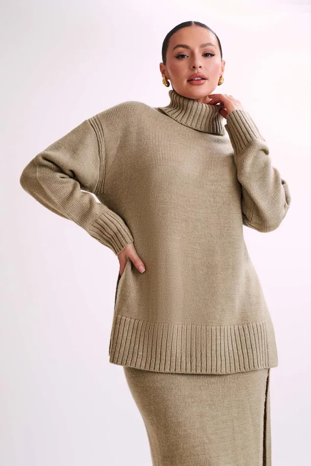 Women Meshki Outerwear Brittany High Neck Knit Jumper 8211 Taupe