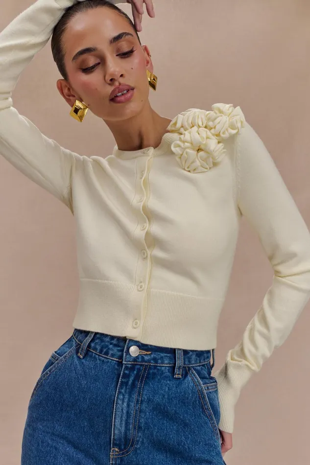 Women Meshki Outerwear Gianna Knit Cardigan With Flowers 8211 Cream