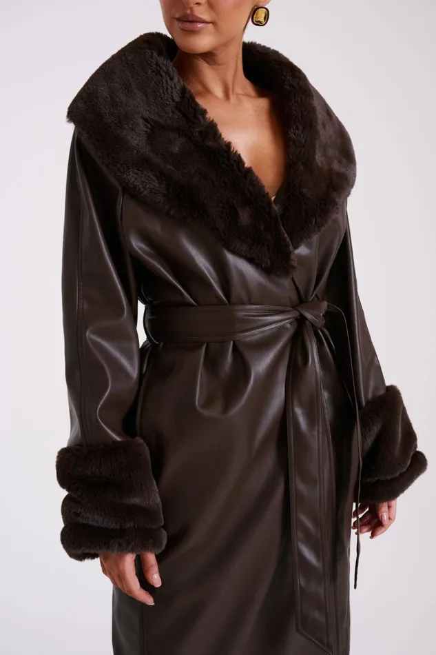 Women Meshki Outerwear Rebekah Oversized Pu Trench Coat With Fur Trim 8211 Dark Brown Women Meshki Outerwear Rebekah Oversized Pu Trench Coat With Fur Trim 8211 Dark Brown