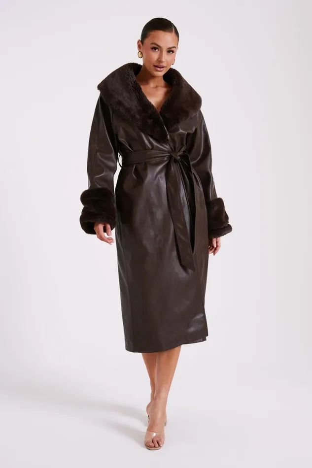 Women Meshki Outerwear Rebekah Oversized Pu Trench Coat With Fur Trim 8211 Dark Brown Women Meshki Outerwear Rebekah Oversized Pu Trench Coat With Fur Trim 8211 Dark Brown