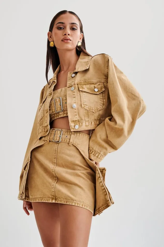 Women Meshki Outerwear Rowena Denim Cropped Jacket 8211 Tan Acid Wash
