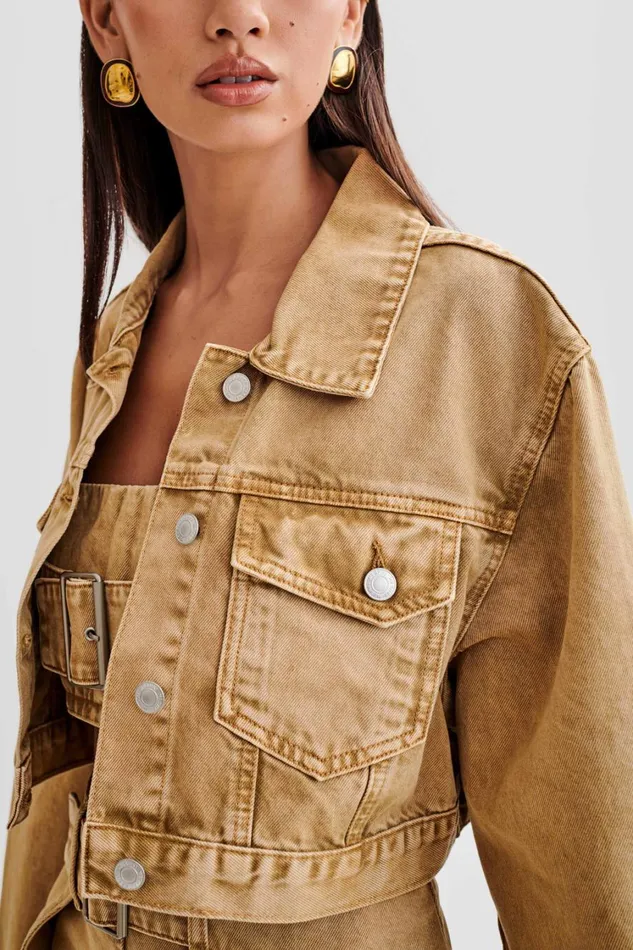 Women Meshki Outerwear Rowena Denim Cropped Jacket 8211 Tan Acid Wash