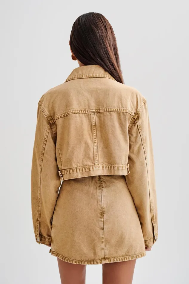 Women Meshki Outerwear Rowena Denim Cropped Jacket 8211 Tan Acid Wash