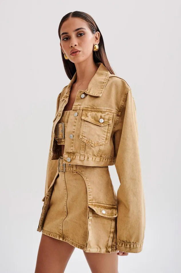 Women Meshki Outerwear Rowena Denim Cropped Jacket 8211 Tan Acid Wash