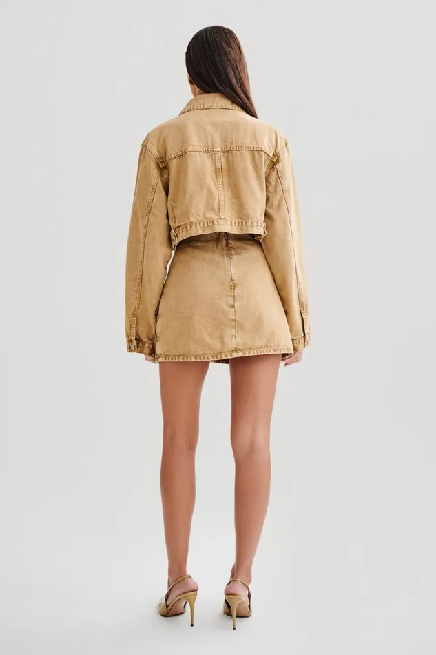 Women Meshki Outerwear Rowena Denim Cropped Jacket 8211 Tan Acid Wash