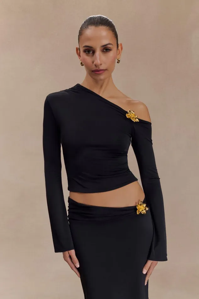 Women Meshki Tops Ainsley Asymmetrical Long Sleeve Top With Floral Hardware 8211 Black