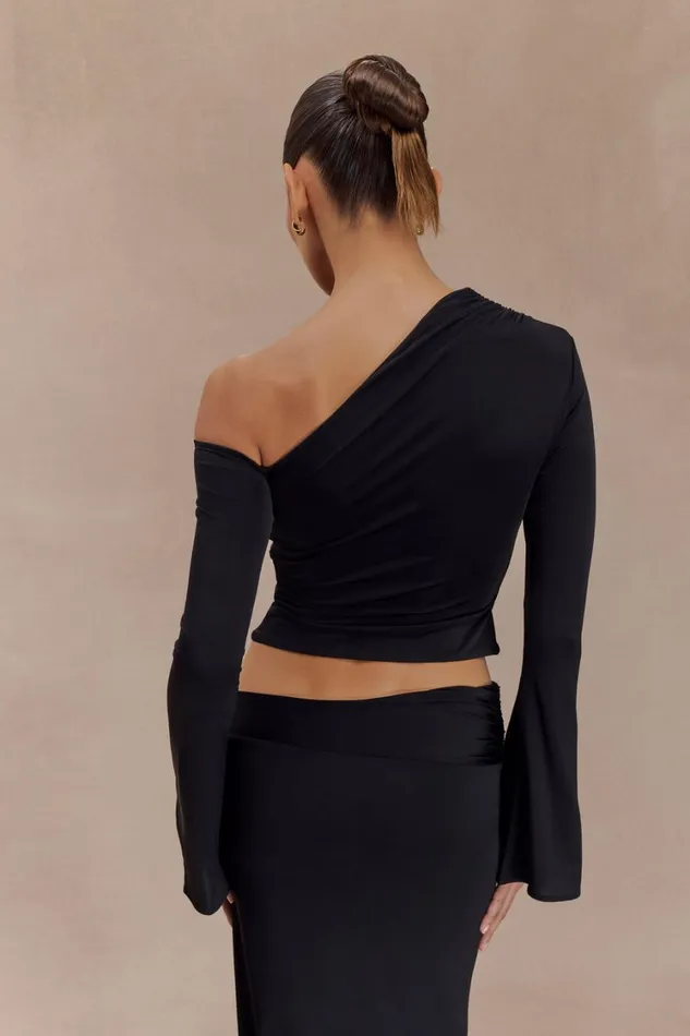 Women Meshki Tops Ainsley Asymmetrical Long Sleeve Top With Floral Hardware 8211 Black