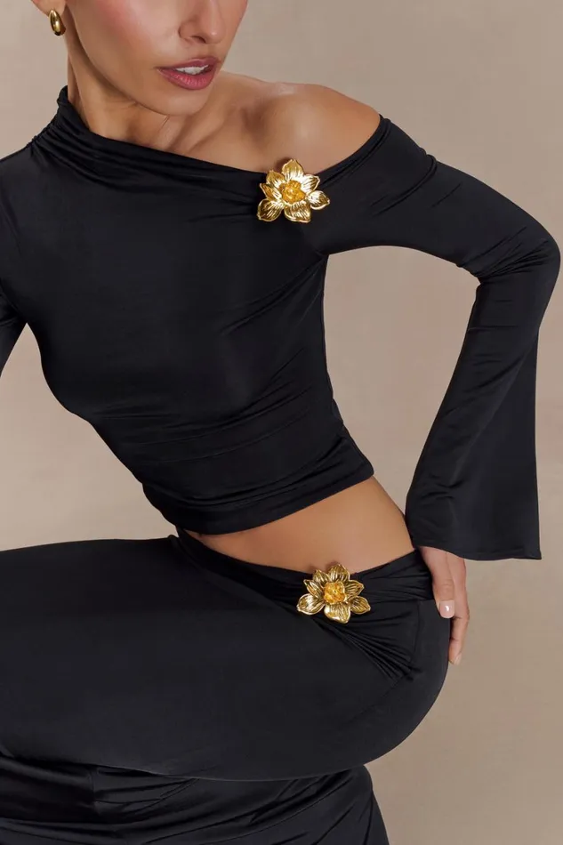 Women Meshki Tops Ainsley Asymmetrical Long Sleeve Top With Floral Hardware 8211 Black