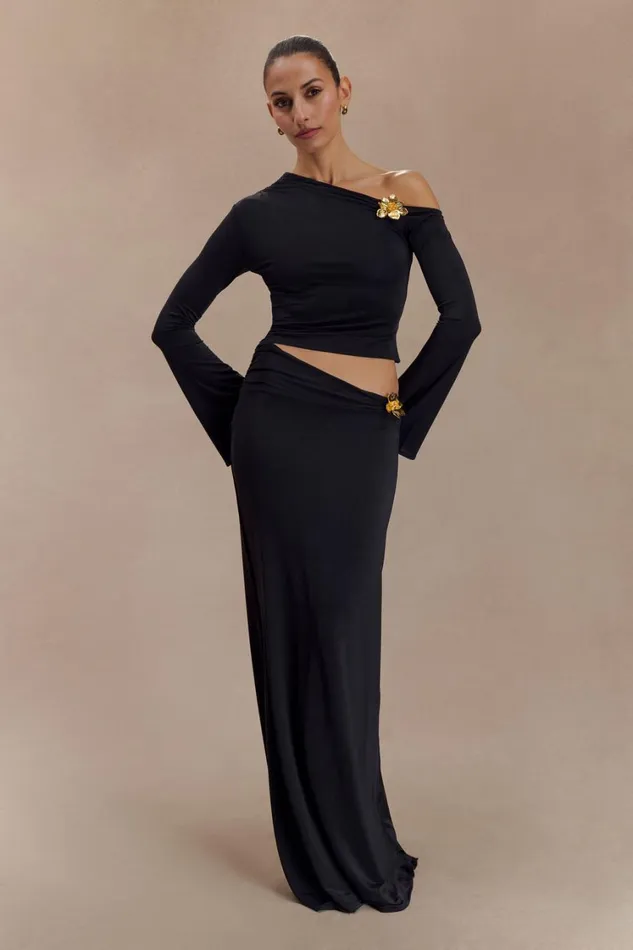 Women Meshki Tops Ainsley Asymmetrical Long Sleeve Top With Floral Hardware 8211 Black