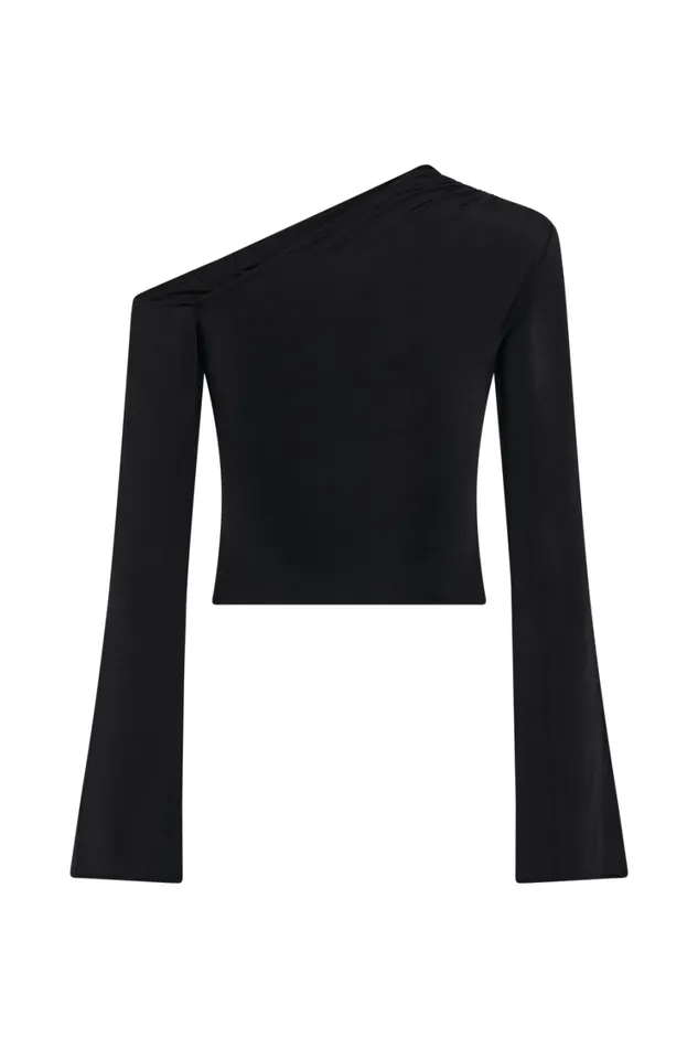 Women Meshki Tops Ainsley Asymmetrical Long Sleeve Top With Floral Hardware 8211 Black