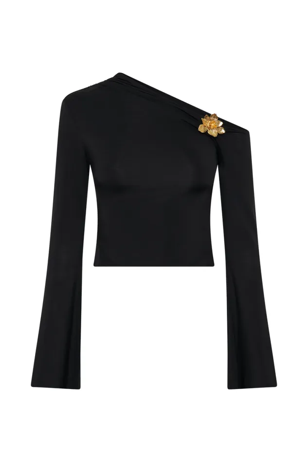 Women Meshki Tops Ainsley Asymmetrical Long Sleeve Top With Floral Hardware 8211 Black