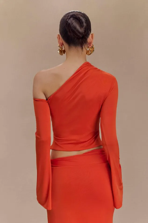 Women Meshki Tops Ainsley Asymmetrical Long Sleeve Top With Floral Hardware 8211 Burnt Orange