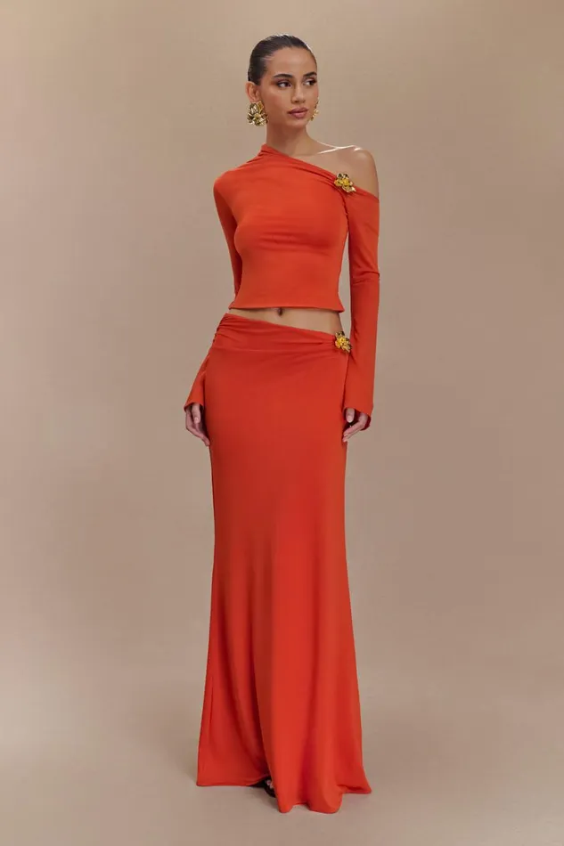 Women Meshki Tops Ainsley Asymmetrical Long Sleeve Top With Floral Hardware 8211 Burnt Orange