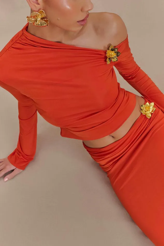 Women Meshki Tops Ainsley Asymmetrical Long Sleeve Top With Floral Hardware 8211 Burnt Orange