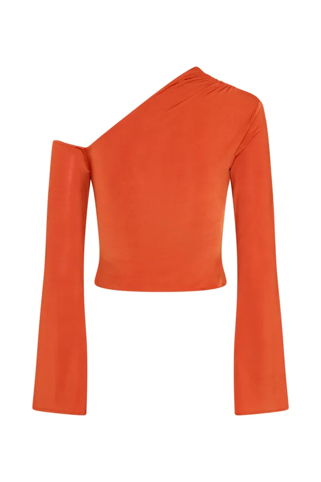 Women Meshki Tops Ainsley Asymmetrical Long Sleeve Top With Floral Hardware 8211 Burnt Orange