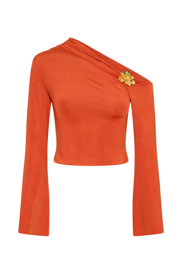 Women Meshki Tops Ainsley Asymmetrical Long Sleeve Top With Floral Hardware 8211 Burnt Orange