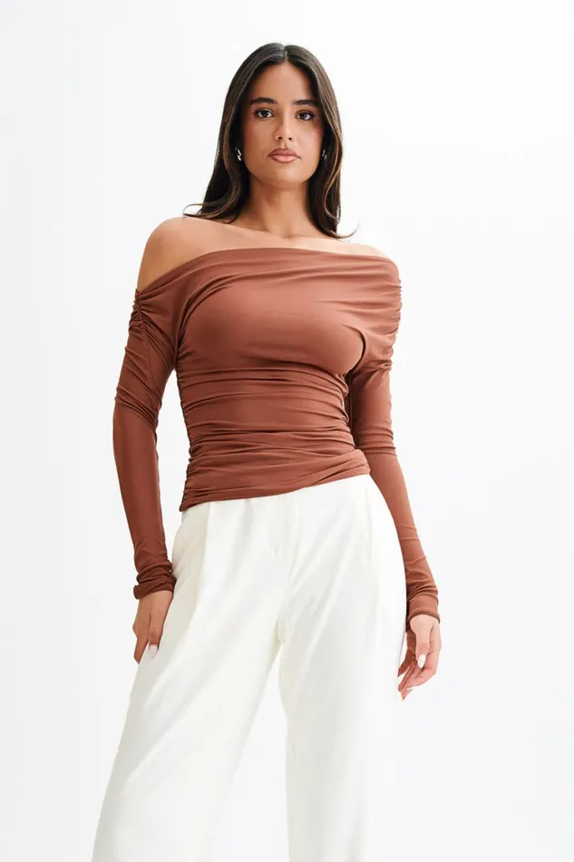 Women Meshki Tops Alayna Long Sleeve Recycled Nylon Ruched Top 8211 Wood