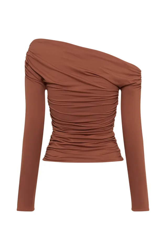 Women Meshki Tops Alayna Long Sleeve Recycled Nylon Ruched Top 8211 Wood