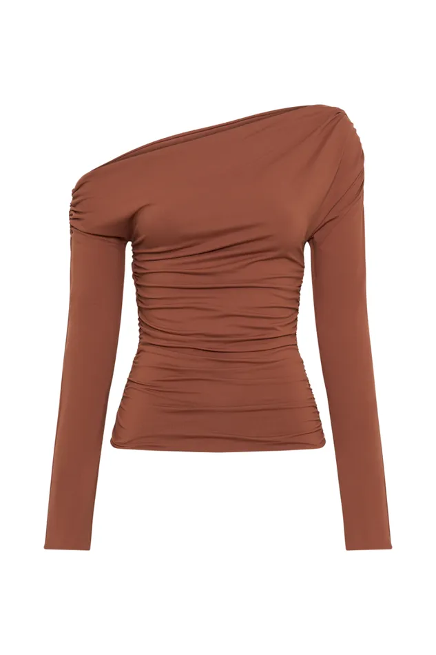 Women Meshki Tops Alayna Long Sleeve Recycled Nylon Ruched Top 8211 Wood