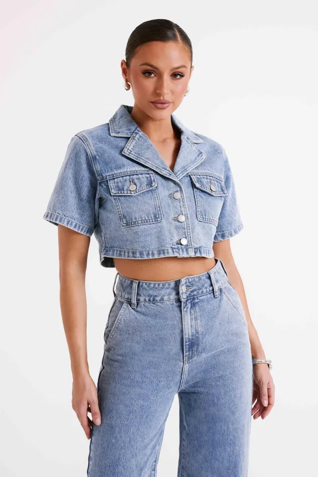 Women Meshki Tops Annabelle Denim Crop Shirt 8211 Vintage Blue