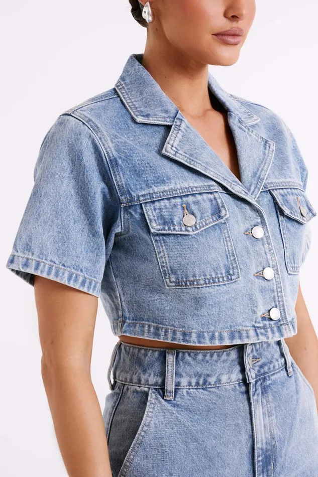 Women Meshki Tops Annabelle Denim Crop Shirt 8211 Vintage Blue