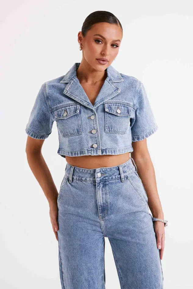 Women Meshki Tops Annabelle Denim Crop Shirt 8211 Vintage Blue