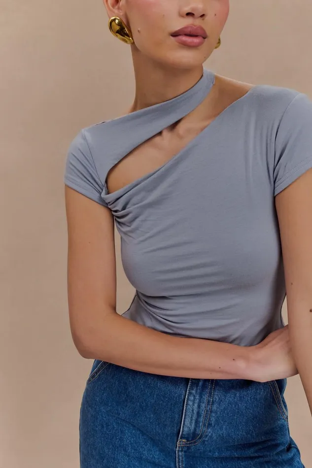 Women Meshki Tops Aurelie Cut Out Short Sleeve Top 8211 Slate Grey