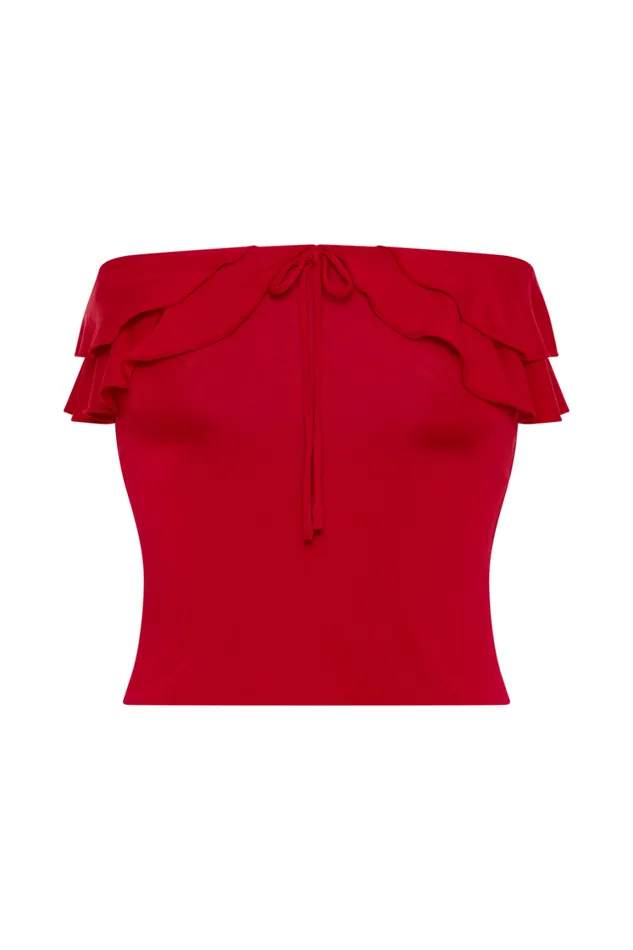 Women Meshki Tops Bea Strapless Slinky Ruffle Top 8211 Pomegranate