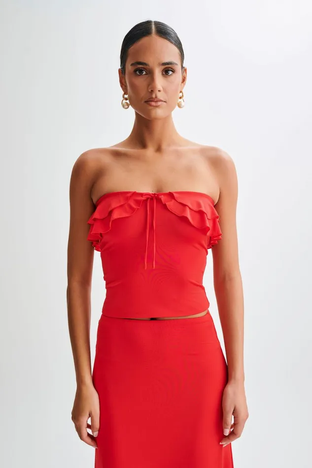 Women Meshki Tops Bea Strapless Slinky Ruffle Top 8211 Pomegranate