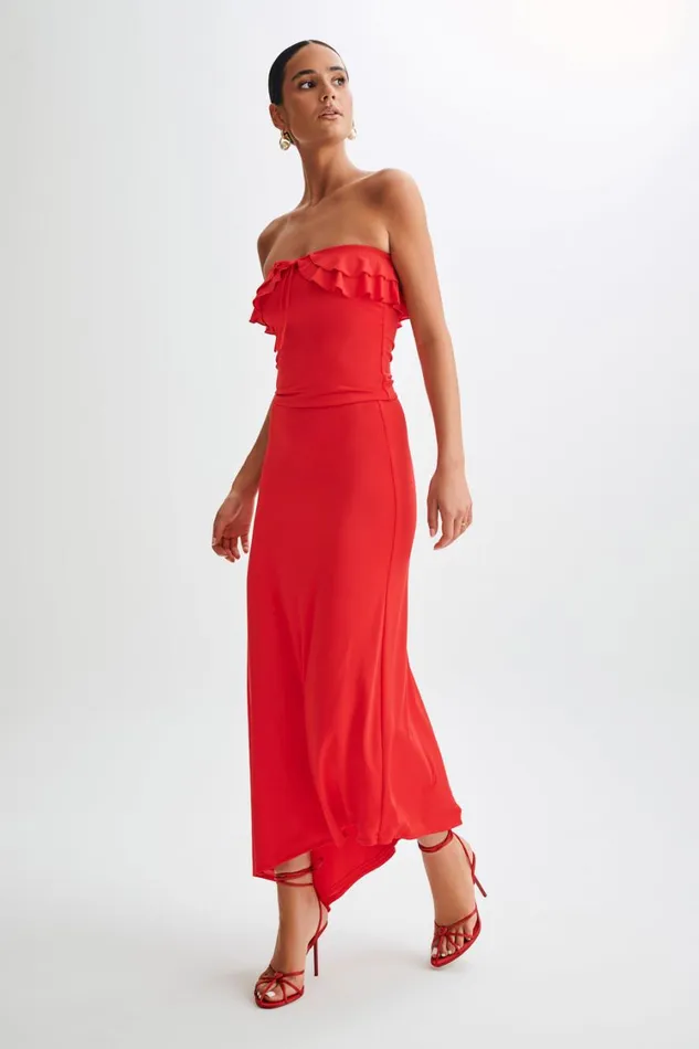Women Meshki Tops Bea Strapless Slinky Ruffle Top 8211 Pomegranate