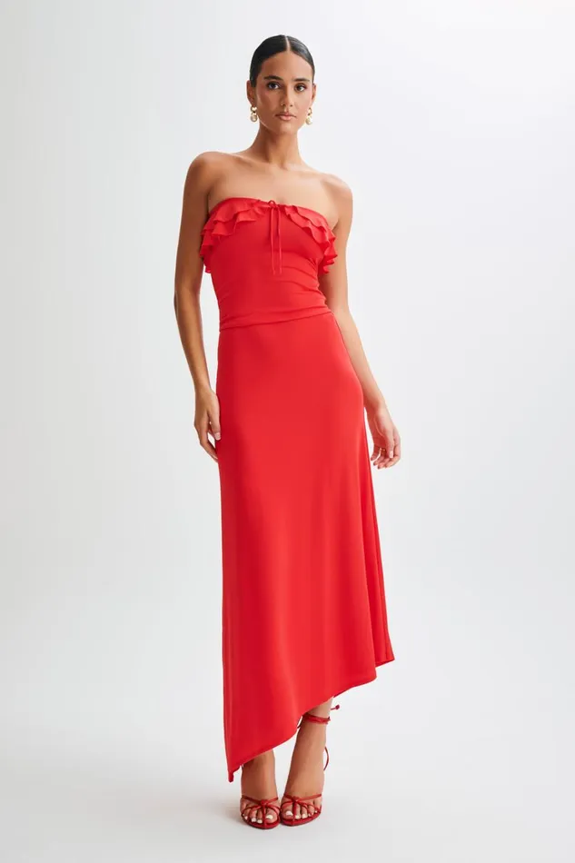 Women Meshki Tops Bea Strapless Slinky Ruffle Top 8211 Pomegranate