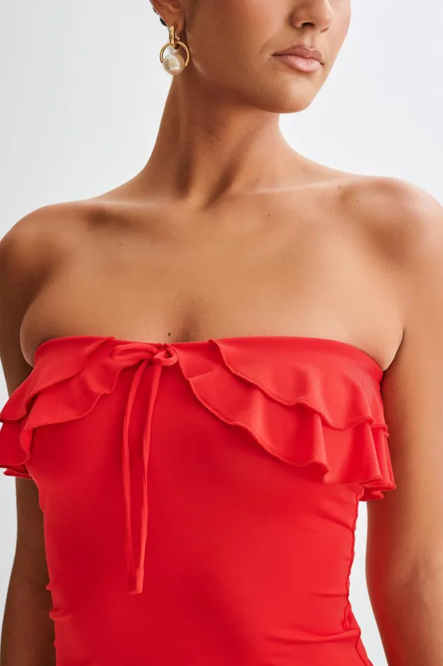 Women Meshki Tops Bea Strapless Slinky Ruffle Top 8211 Pomegranate