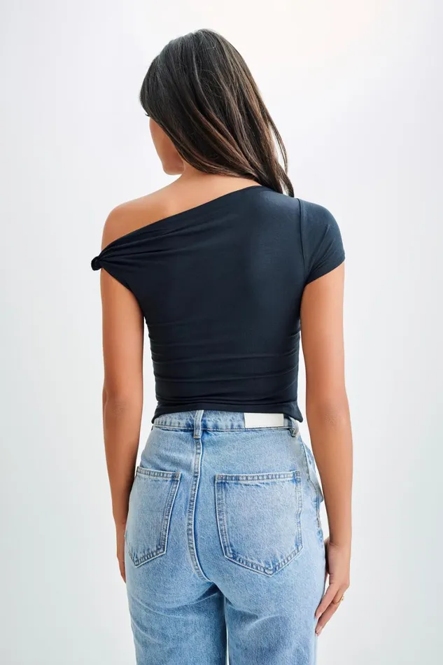 Women Meshki Tops Betty Short Sleeve Modal Top With Knot Shoulder 8211 Black